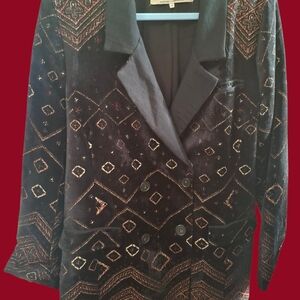 Free People Black and Brown Patterned Blazer Flecks Of Gold And Red On Velvet